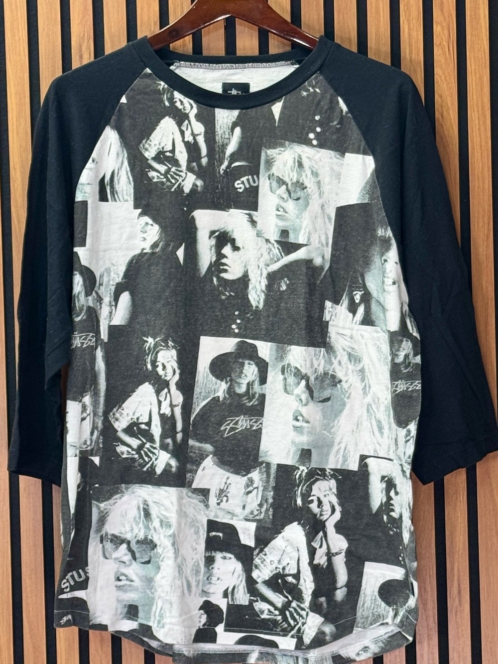 Vintage Stüssy Black Raglan 3/4 Sleeve Tee Photo Collage Print Size L Y2K